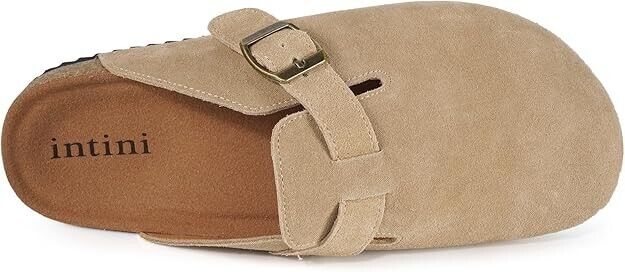 Intini Womens Suede Clogs Mens Leather Mules Cork Footbed Sandals / Arch Support